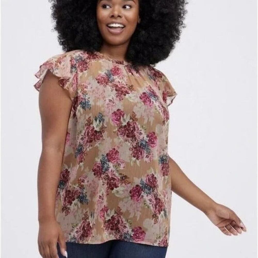 Torrid Mock Neck Blouse Tank Crinkle Chiffon Floral Tan Flutter Sleeve Womens 4X